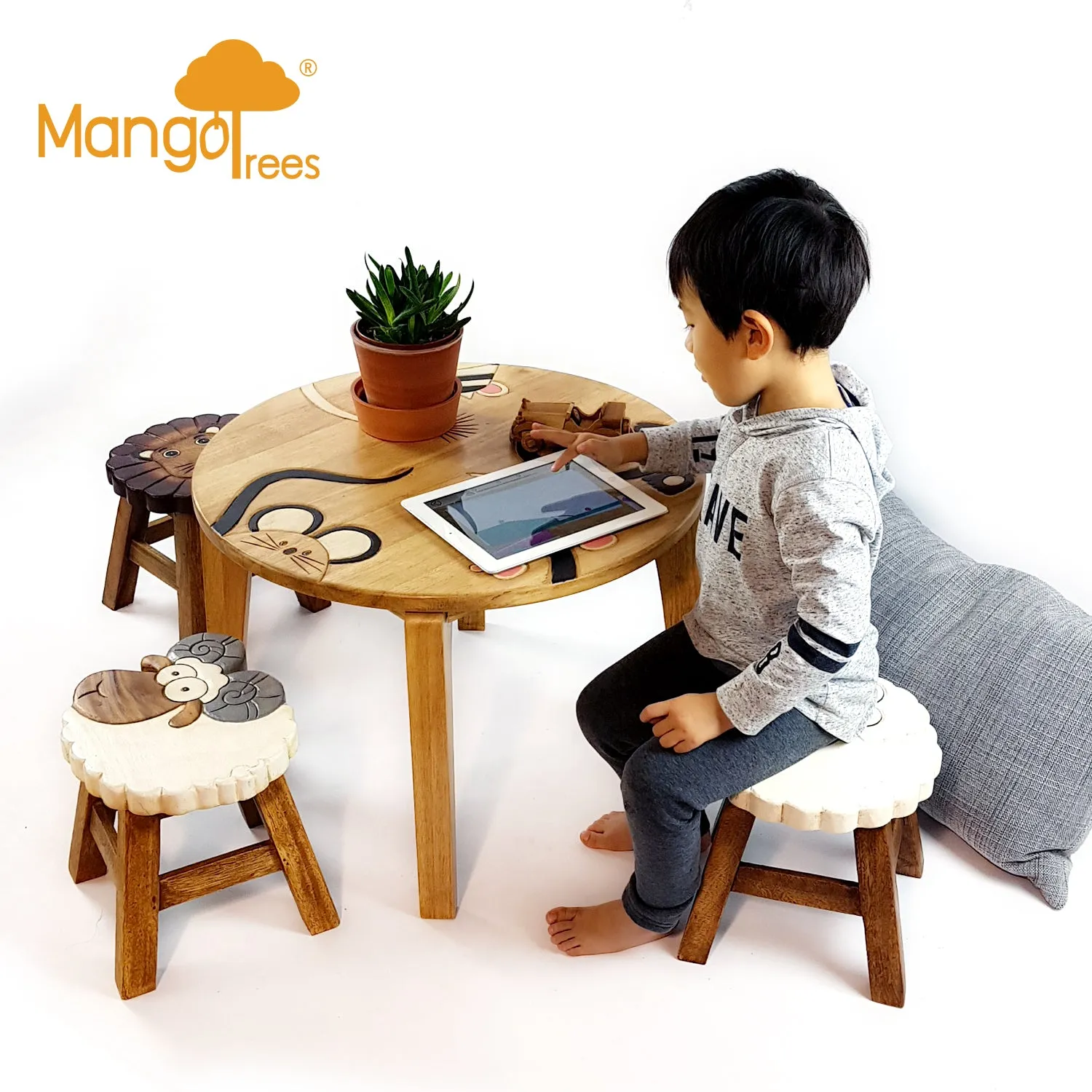 Kids Wooden Monkey Tails Table   4 animal stools complete set -hand carved Timber Children Furniture.
