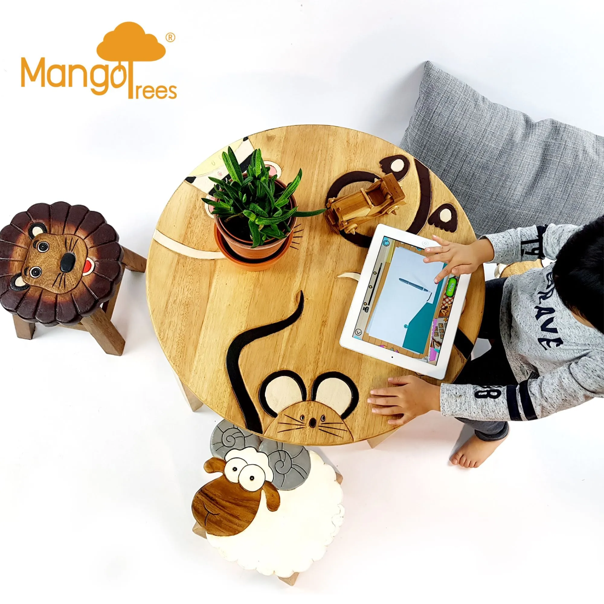 Kids Wooden Monkey Tails Table   4 animal stools complete set -hand carved Timber Children Furniture.