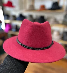 M by Flechet - Cashmere/Wool - Teardrop Fedora with Rope Trim - Rubis/Red