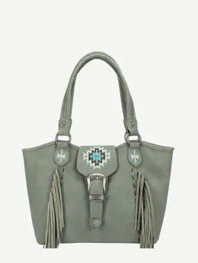 Montana West Embroidered Aztec Leather Fringe Buckle Tote