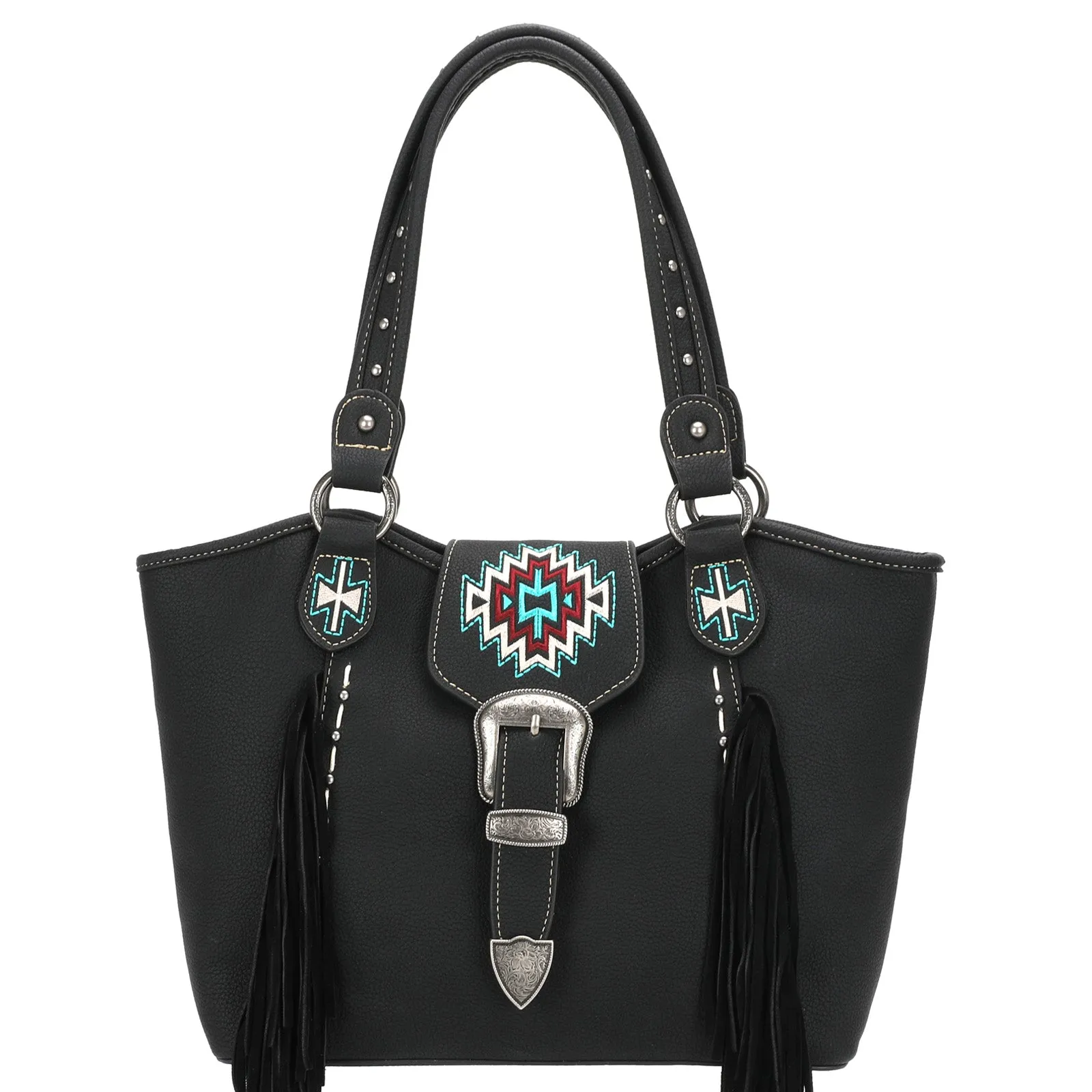 Montana West Embroidered Aztec Leather Fringe Buckle Tote