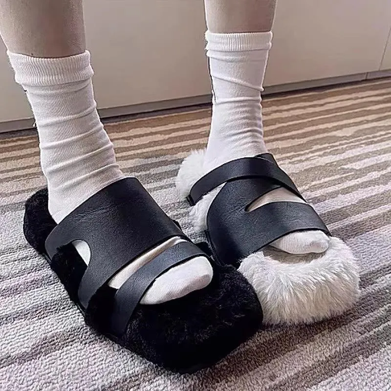 NEW 2022 Winter Fashion Soft Warm Comfort Flat Fur Slipper Brand Designer Slip On Loafers Mules Flip Flops Casual Indoor