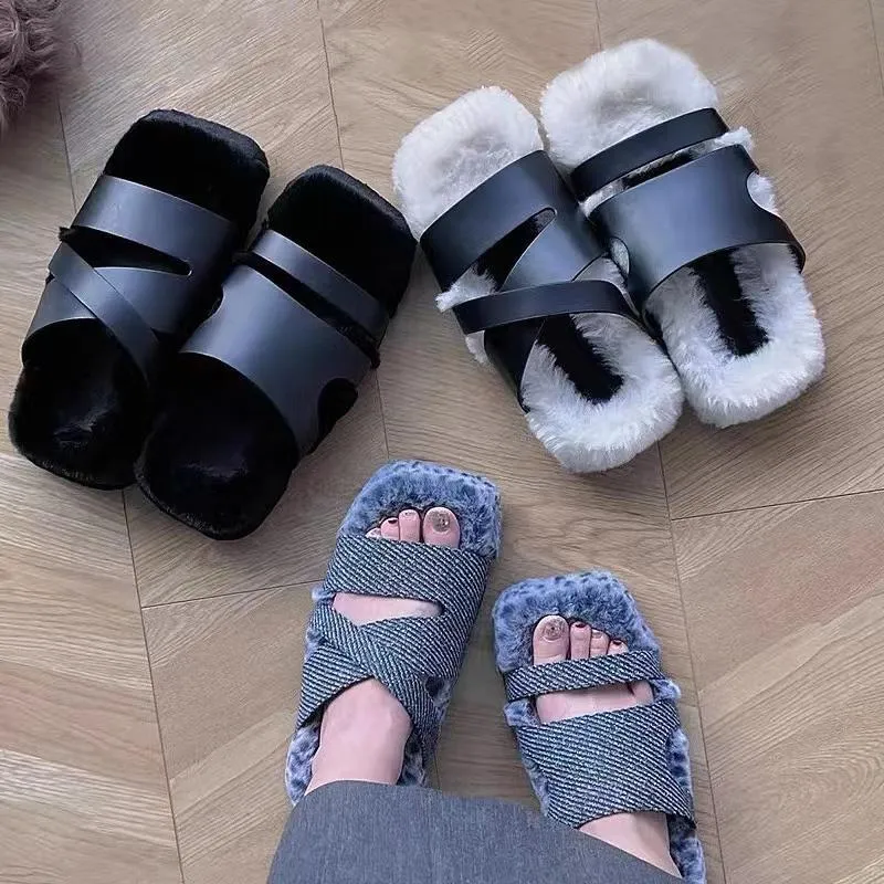 NEW 2022 Winter Fashion Soft Warm Comfort Flat Fur Slipper Brand Designer Slip On Loafers Mules Flip Flops Casual Indoor