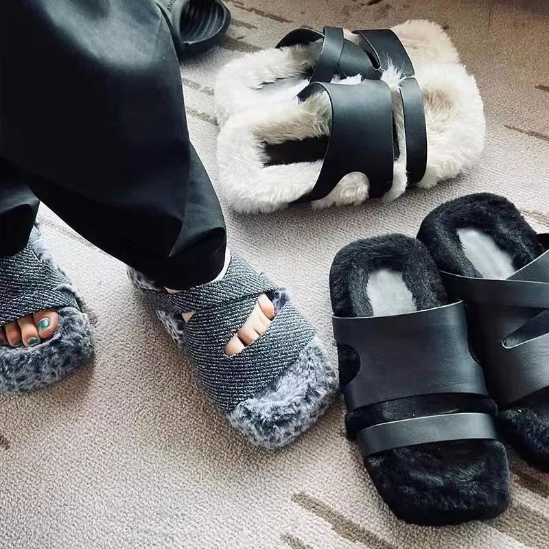 NEW 2022 Winter Fashion Soft Warm Comfort Flat Fur Slipper Brand Designer Slip On Loafers Mules Flip Flops Casual Indoor