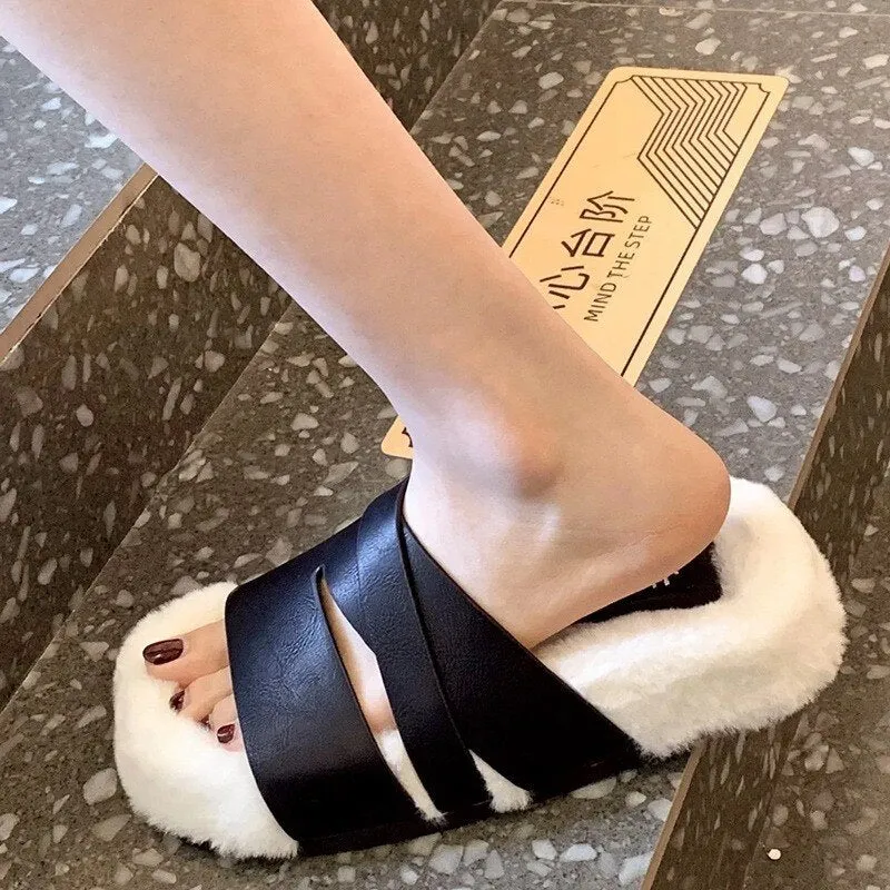 NEW 2022 Winter Fashion Soft Warm Comfort Flat Fur Slipper Brand Designer Slip On Loafers Mules Flip Flops Casual Indoor