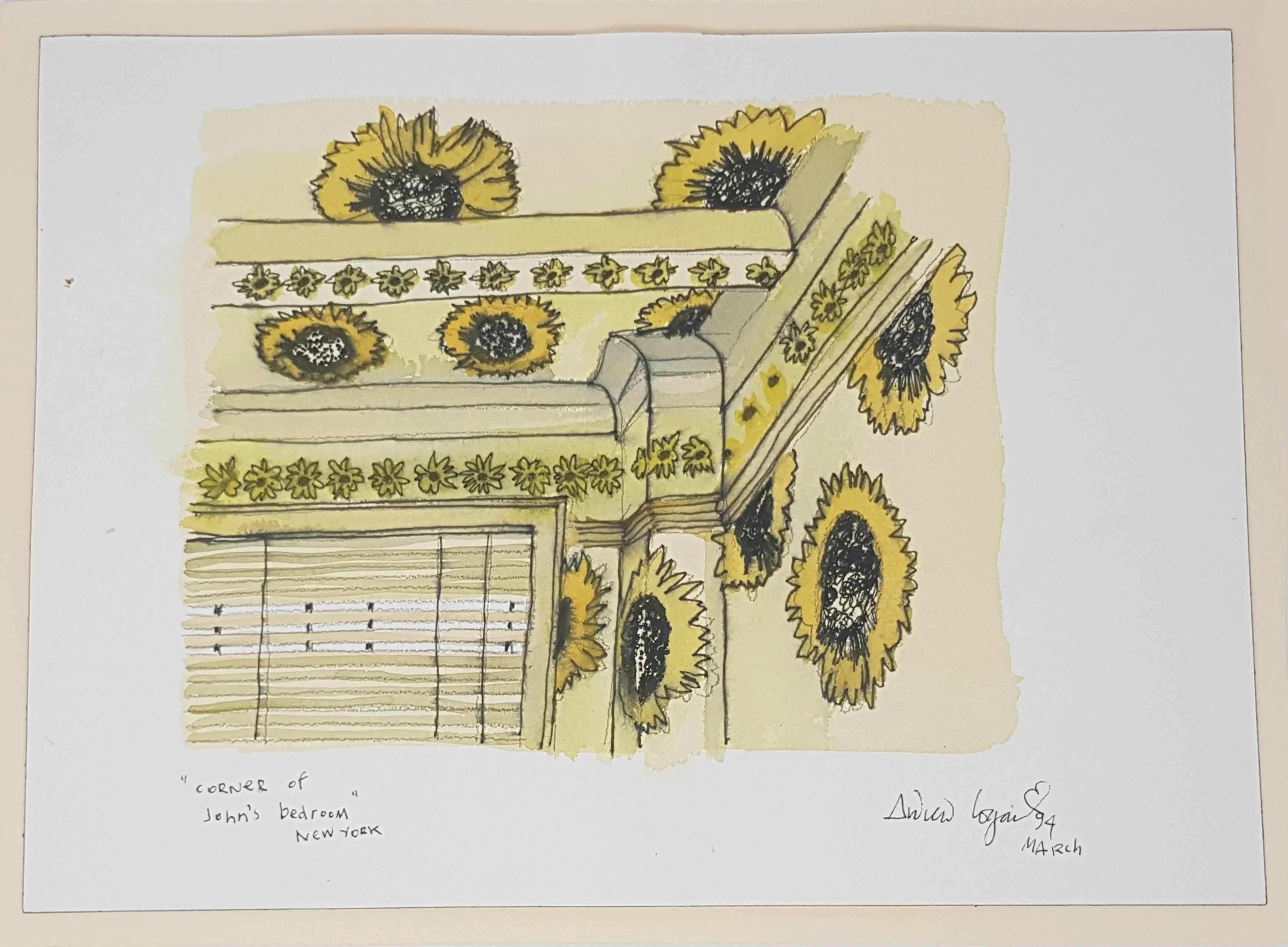 ORIGINAL WATERCOLOUR OF CORNED OF JOHN'S BEDROOM - BY ANDREW LOGAN 1994