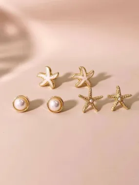 Set of 3 Starfish and Pearl Stud Earrings