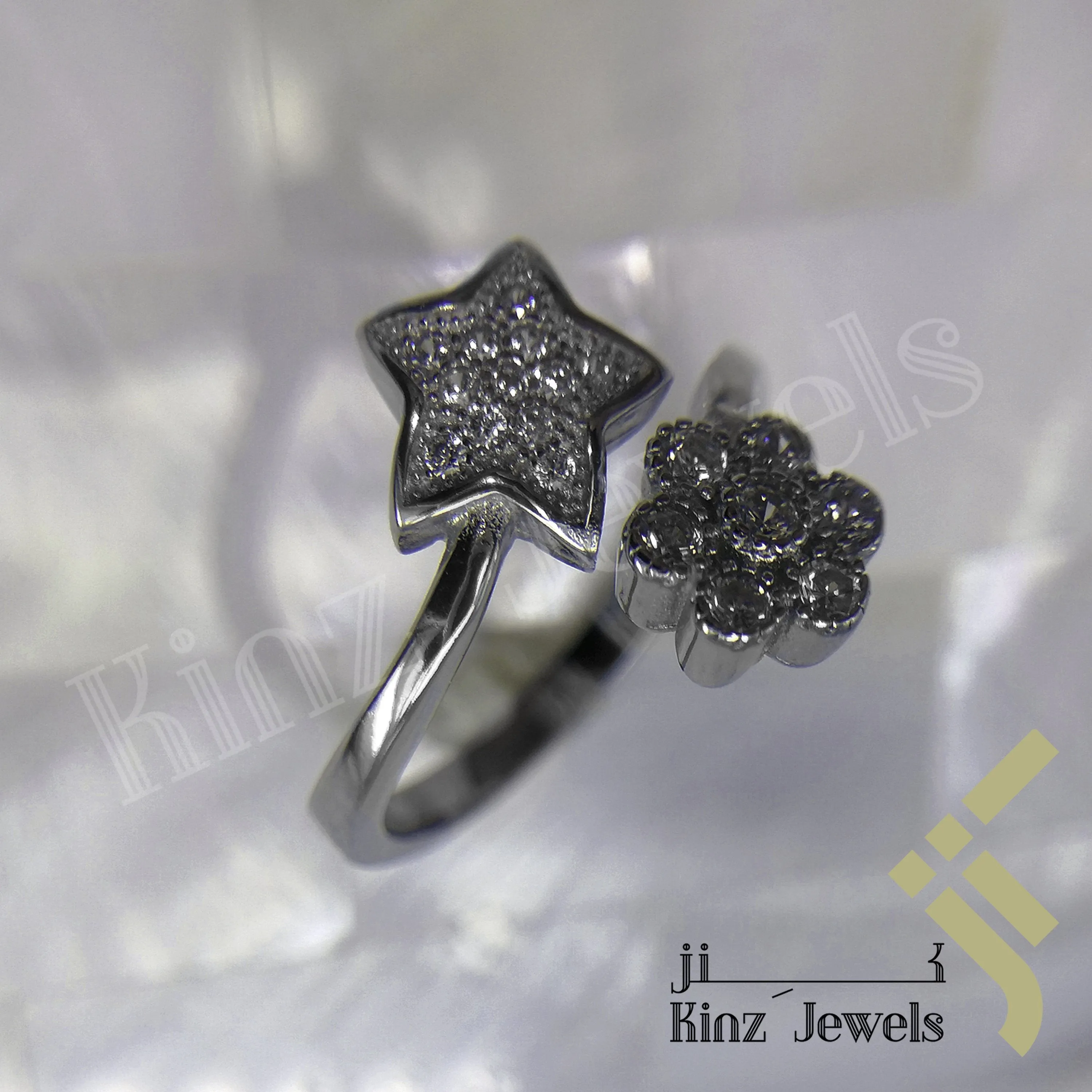 Sterling Silver Zircon Flower and Star Free Size Rhodium Vermeil Ring
