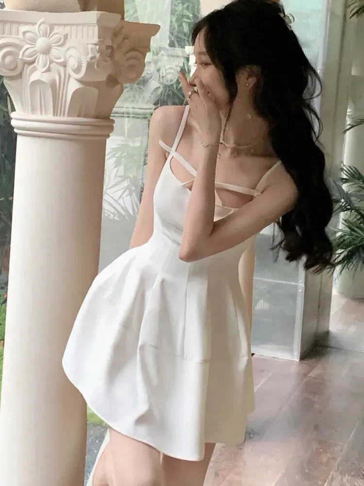 Y2K White Mini Dress – Spaghetti Strap Summer One-Piece Korean Casual Party Dress for Women