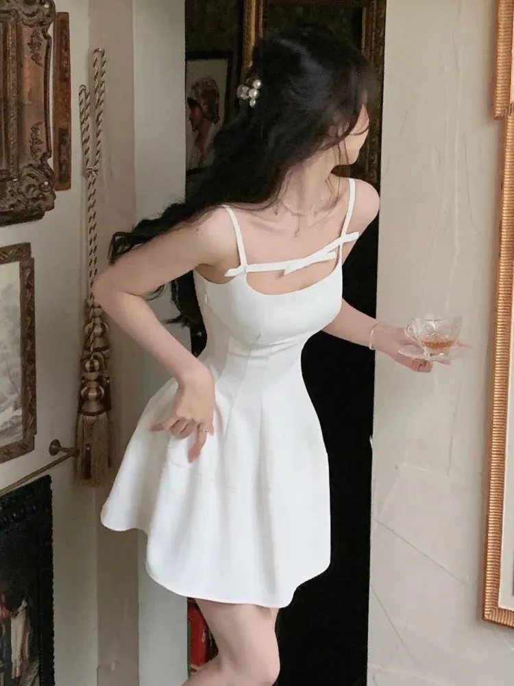 Y2K White Mini Dress – Spaghetti Strap Summer One-Piece Korean Casual Party Dress for Women